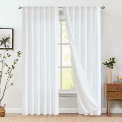 Vangao Gardinen Leinen Vorhänge mit Futter 140Bx210H(cm) Länge für Wohnzimmer Schlafzimmer Landhausstil Bauernhaus Modern Lichtfilterung Fenster Vorhang mit verdeckten Schlaufen 2 Panel Weiß Futter | Weiß H210 x B130 cm (2er Pack)