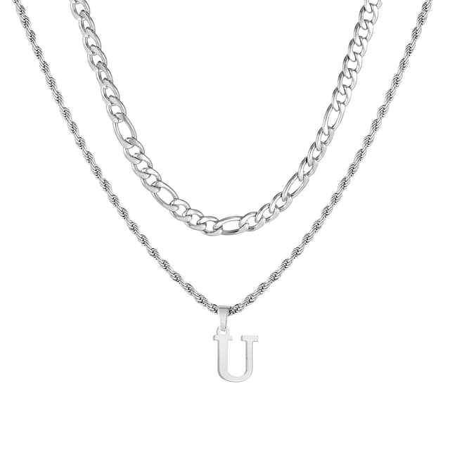 APMGONT Herren Initial Halskette, Edelstahl Silber Figaro Kette Twist Seil Link Kette mit A-Z Letter Kette Halskette für Männer Papa Freund Geburtstag Vatertag Geschenk Silber U