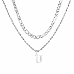 APMGONT Herren Initial Halskette, Edelstahl Silber Figaro Kette Twist Seil Link Kette mit A-Z Letter Kette Halskette für Männer Papa Freund Geburtstag Vatertag Geschenk Silber U