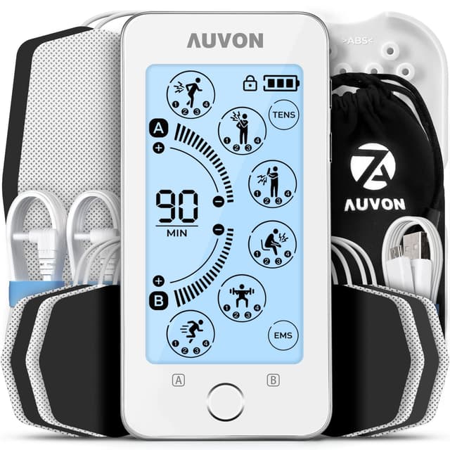 AUVON TENS Gerät, EMS Trainingsgerät für Schmerzlinderung Therapie mit Größem Touchscreen, 24 Trainigsprogramme, 2 Kanäle, 40 Stunden Standby-Zeit, 10 Stück Premium Elektroden Pads