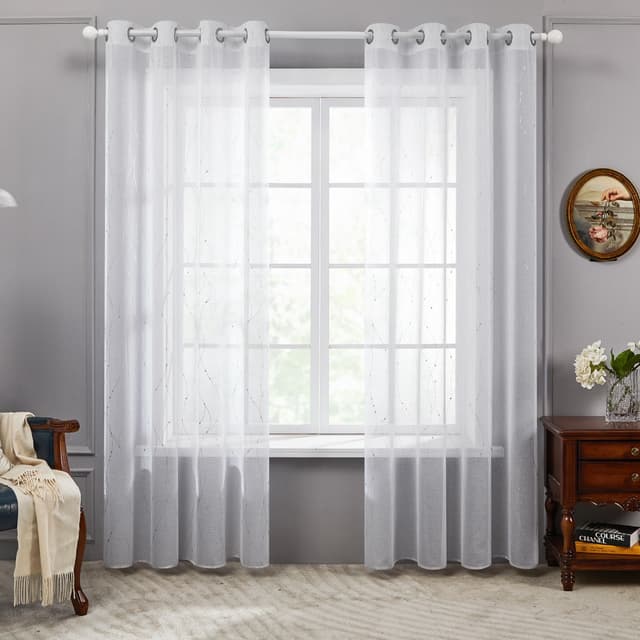 Deconovo Gardinen Weiß Vorhang Transparent Leinenoptik Ösenvorhang Voile Ösenschal Wohnzimmer, 215x140, Welle