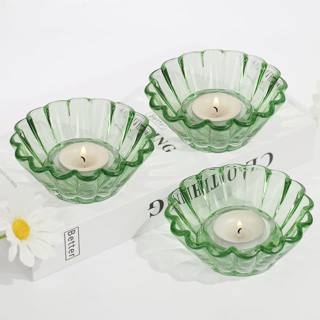 HofferRuffer Grün Teelichthalter Glas 3er Set, Teelichtgläser für Hochzeit, Geburtstag, Tischdeko