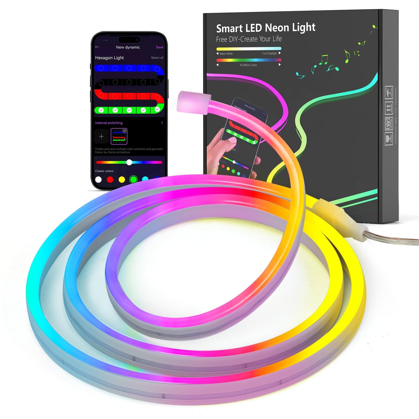 Kangtaixin Neon LED Strip 1m, Flexibler LED Streifen Mit App-Steuerung, 5V RGB LED Band Seil Lampe, DIY-Formen, Musik Sync, Lichtband für Wohnzimmer, Schlafzimmer, Wand, Gaming Deko 1 Meter