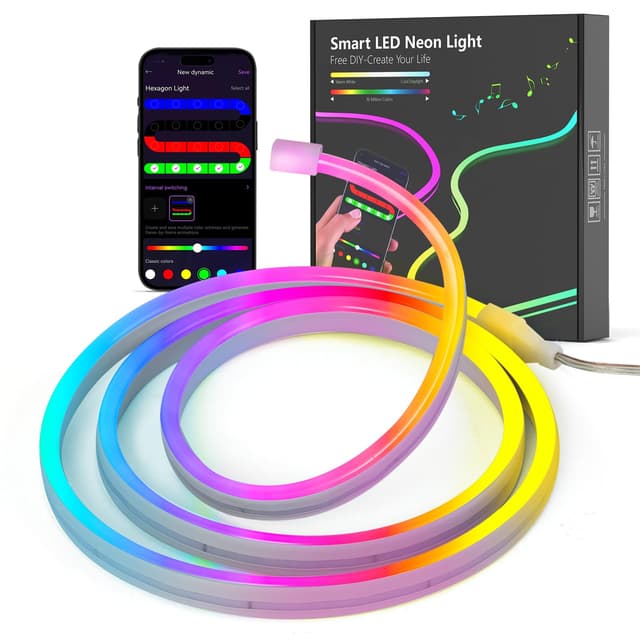 Kangtaixin Neon LED Strip 1m, Flexibler LED Streifen Mit App-Steuerung, 5V RGB LED Band Seil Lampe, DIY-Formen, Musik Sync, Lichtband für Wohnzimmer, Schlafzimmer, Wand, Gaming Deko 1 Meter