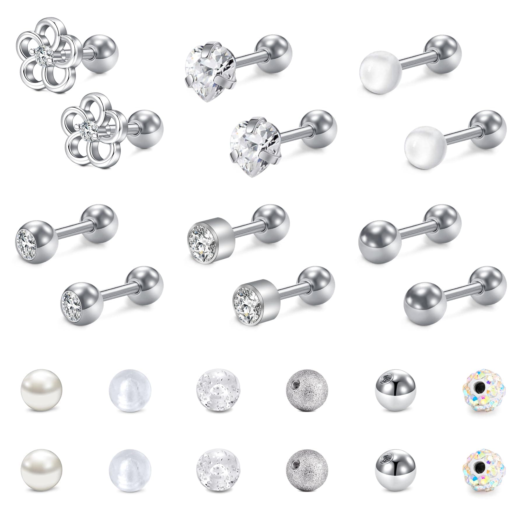 Funseedrr 16G Tragus Helix Piercing Knorpel Stecker Edelstahl 6mm Stab Ohrstecker Ohr Piercing Schmuck mit Ersatzkugeln Silber02