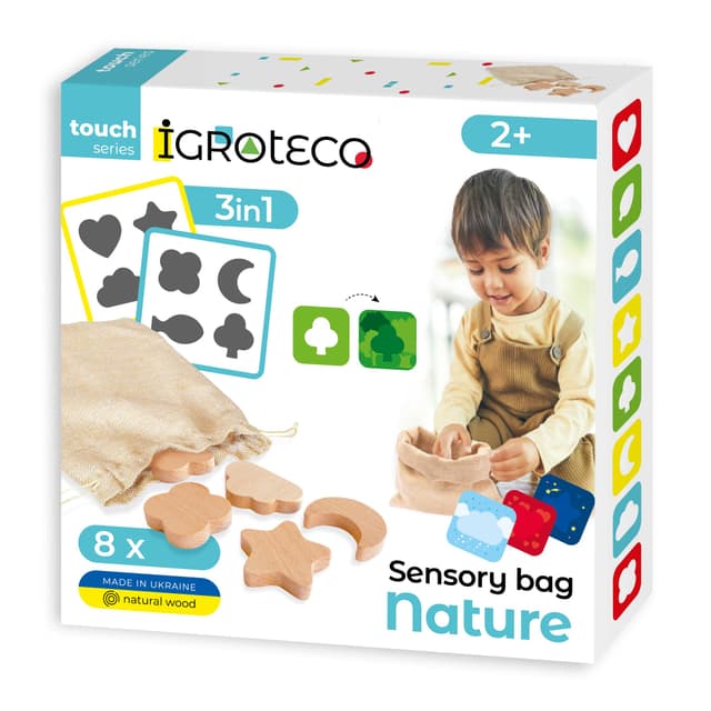 Igroteco® Sensorik-Beutel Natur aus Holz | Lernspiel für Kinder | 6 Spielvarianten | Entwicklung von Feinmotorik, Farben & Formen | Inkl. 8 Doppelseitiger Karten & Leinenbeutel | Ab 2 Jahren