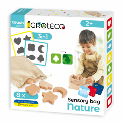 Igroteco® Sensorik-Beutel Natur aus Holz | Lernspiel für Kinder | 6 Spielvarianten | Entwicklung von Feinmotorik, Farben & Formen | Inkl. 8 Doppelseitiger Karten & Leinenbeutel | Ab 2 Jahren