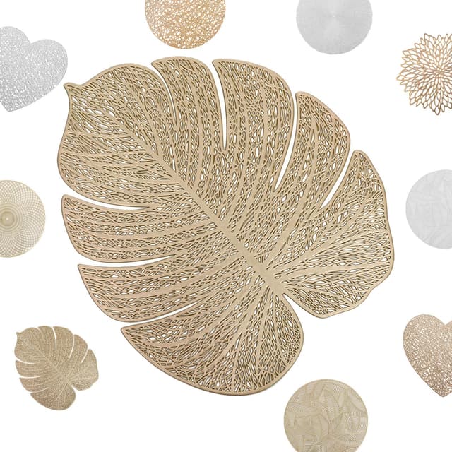 MORAINJAY 2er Set Platzdeckchen Gold Tischset PVC Ausgehöhlte Platzset Metallische Blätter Tischsets, Waschbar Hitzebeständig Rutschfester Platz-Mattenc für Weihnachten Hochzeit Party Gold Blätter