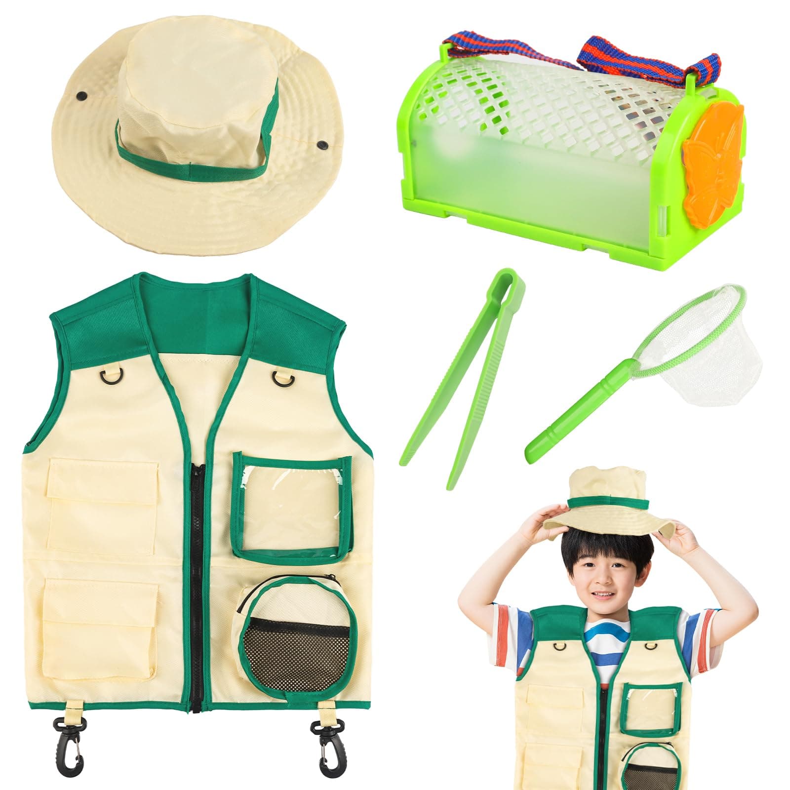 Gxhong Entdecker Set, Forscherset, Adventurer Set Geschenke, Kinder Draussen Forscher mit Weste, Hut, Schmetterlingsnetz, Insektenkäfig, Pinzette, für Jungen Mädchen Outdoor Exploration Spielzeug Set