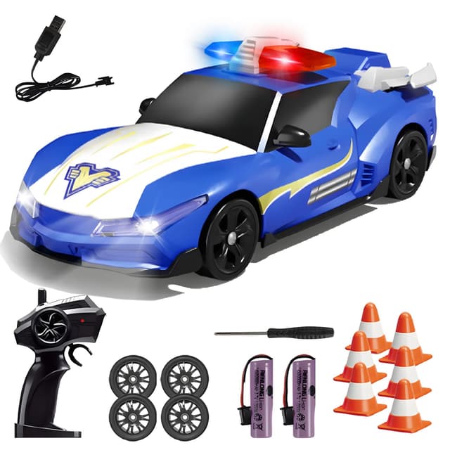 RC Drift Car Polizeiauto mit Licht und Sound, 1:24 Ferngesteuertes Auto mit Aufladbarer 2 Batterie, 2,4 GHz 4WD RC Drift Polizeiauto für Junge Geschenk Kinderspielzeug ab 3 4 5 6 7 8+ Jahre(Blau)