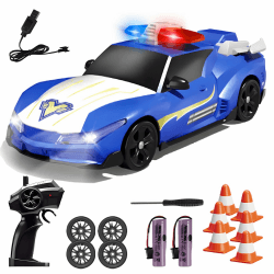 RC Drift Car Polizeiauto mit Licht und Sound, 1:24 Ferngesteuertes Auto mit Aufladbarer 2 Batterie, 2,4 GHz 4WD RC Drift Polizeiauto für Junge Geschenk Kinderspielzeug ab 3 4 5 6 7 8+ Jahre(Blau)