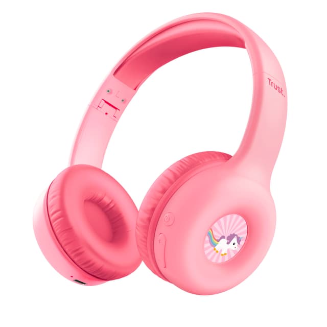 Trust Nouna Bluetooth Kopfhörer Kinder mit Lautstärkenbegrenzer (85dB) für Kinderen ab 4 Jahre, On Ear Faltbares Headset mit Mikrofon, 15 Stunden Spielzeit, Kinder Kopfhörer Kabellos, Rosa Bluetooth Rosa