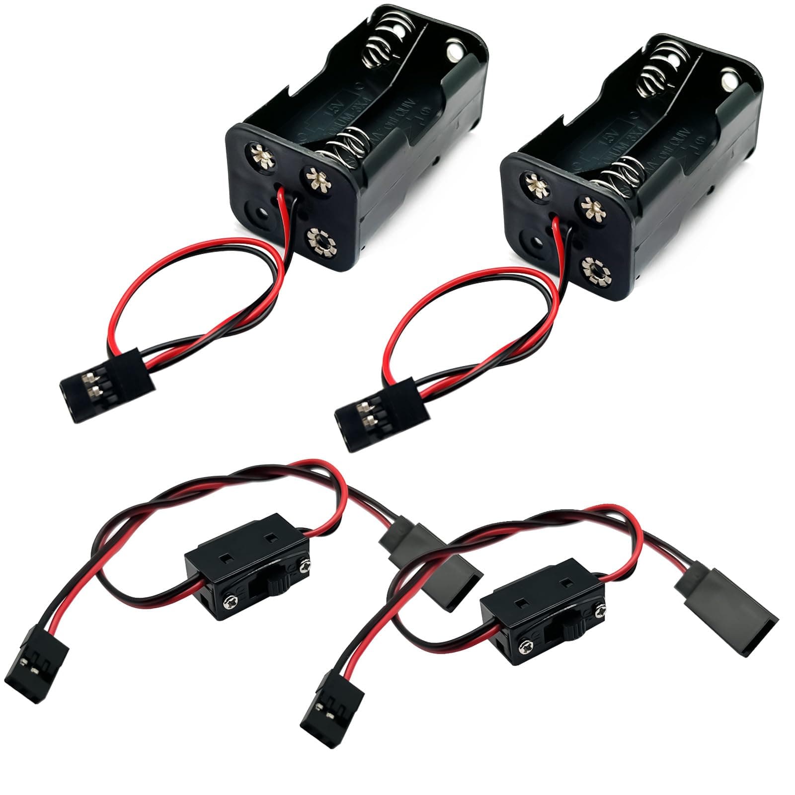 2 Set Ein-/Ausschalter Batterieempfänger & 4 Zellen AA-Batterie-Behälter-Koffer mit JR-Stecker, kompatibel mit HSP Redcat Axial Traxxas 1/8 1/10 1/16 RC Power Car Crawler Truck