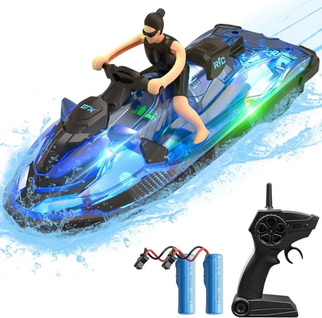 OBEST 2,4 GHz ferngesteuertes Boot,RC Motorboot mit LED-Leuchten und Simulationspuppen, 2 Batterien, Spielzeug für Kinder, geeignet für Schwimmbäder und Seen