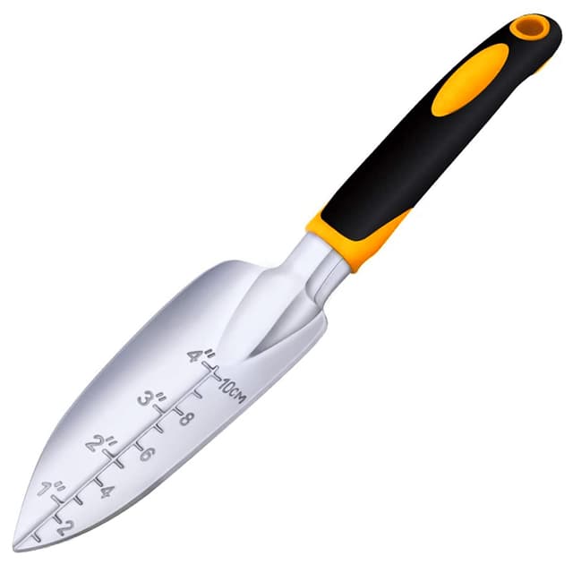Gartenkelle, Handschaufel aus Aluminiumlegierung, Schaufel zum Pflanzen, Umpflanzen, Jäten, Umsetzen (Waage) Gelb Skala