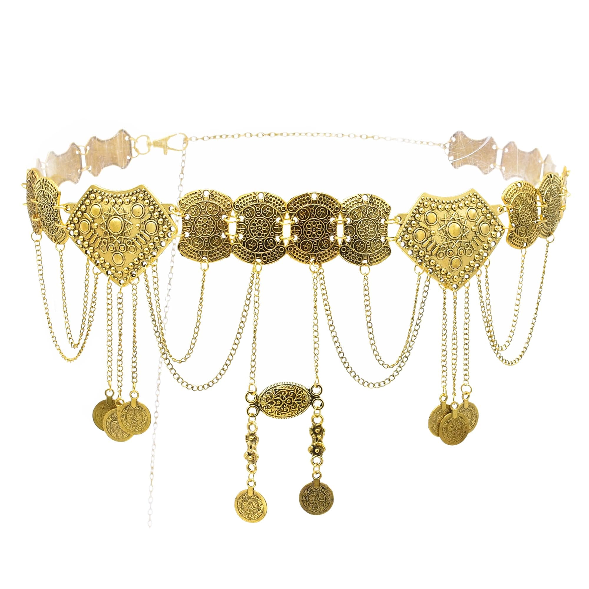 Pandalein Damen Gürtel Mode Taillengürtel Metall Kettengürtel Fransen Bauchtanz Gürtel Münzgürtel Verstellbare Hüftkette Taillenkette für Kleider 0022 Gold