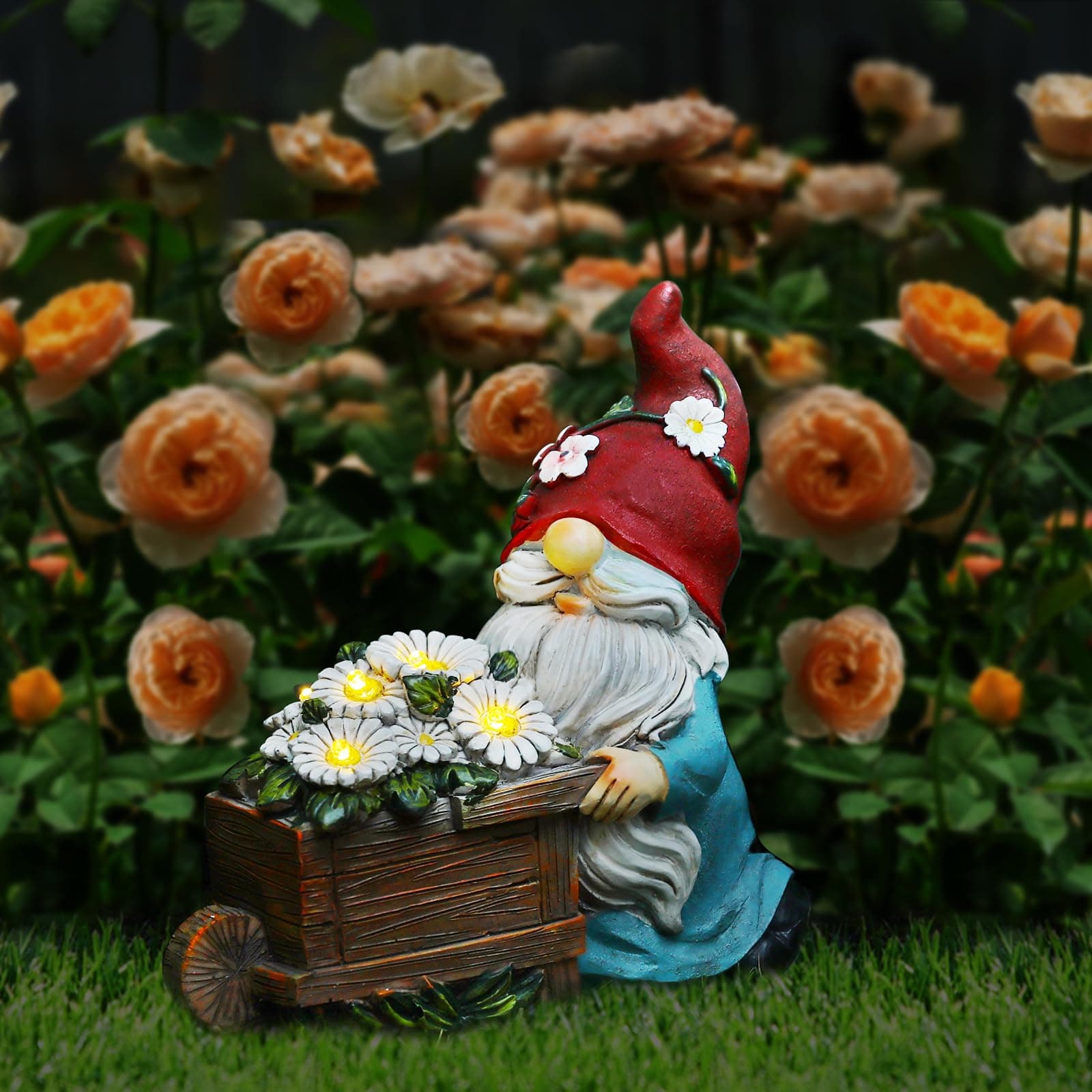 Lewondr Solar Gartenzwerg Gartendeko für Draußen, Wasserdicht Harz Zwerg Gartenfigur mit Blumen, Skulptur Gartendekoration mit Warmem Licht Geschenk für Rasen Hof Terrasse Veranda Rot & Blau