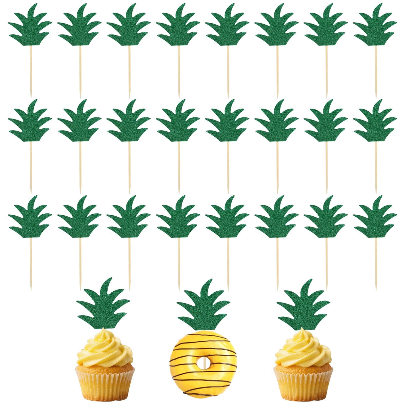 Tortendeko Ananas, 24pcs Cupcake Topper Blätter, Kuchen Deko Blätter, Kuchendeko Sommer, Perfekt für die Kuchendekoration Einer Tropischen Hawaii-Party Im Sommer