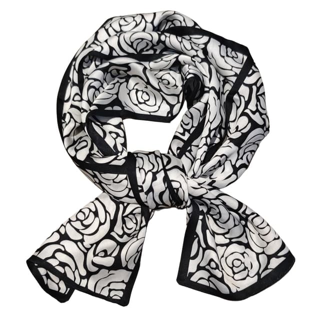 GIMIRO Satin Seidenschal Doppelschichten 150 x 16cm Krawatte Blumen Taillengürtel für Blazer, Mantel, Kleid (26# Black/White Camellia