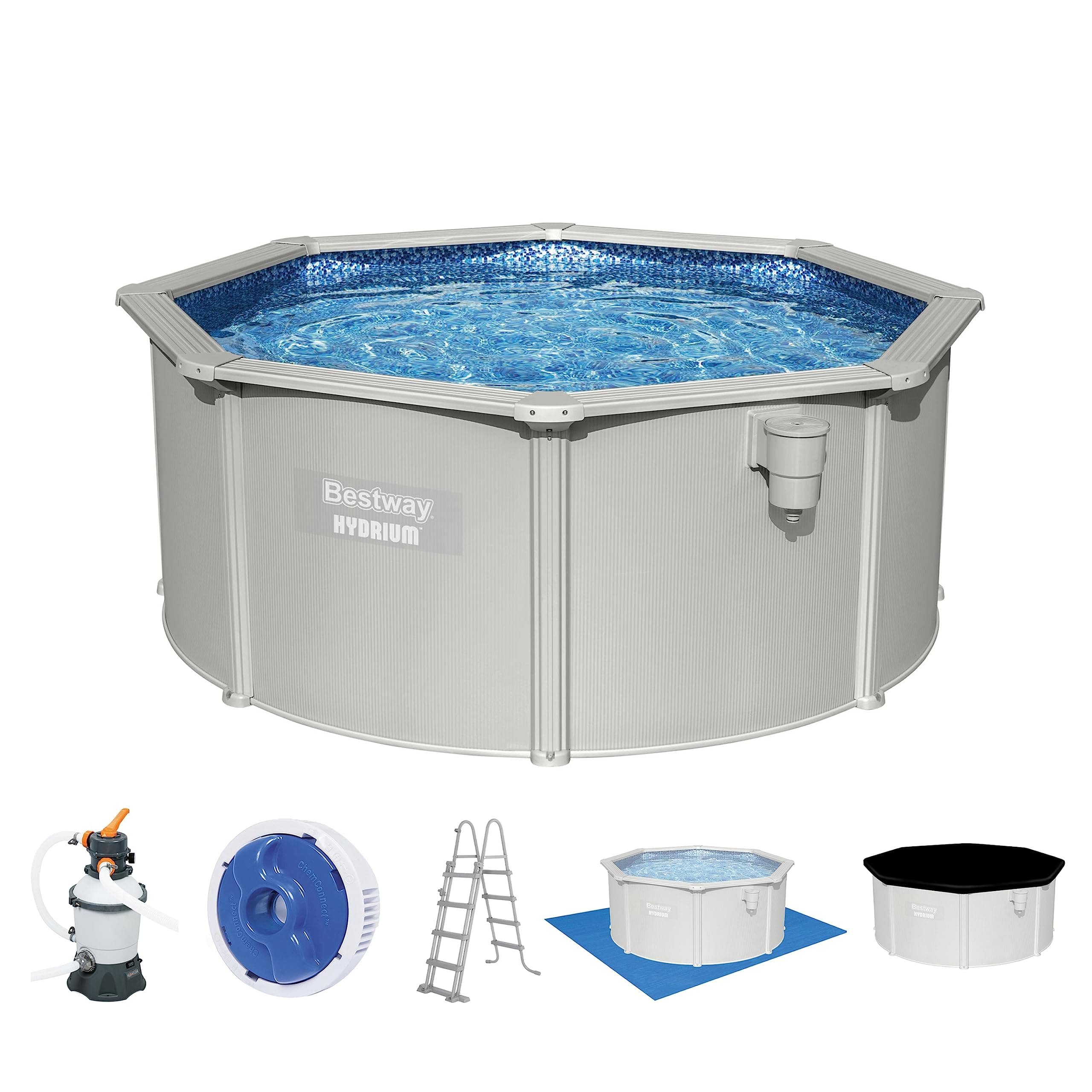 Bestway Hydrium Stahlwandpool Komplett-Set mit Sandfilteranlage Ø 300 x 120 cm, grau, rund