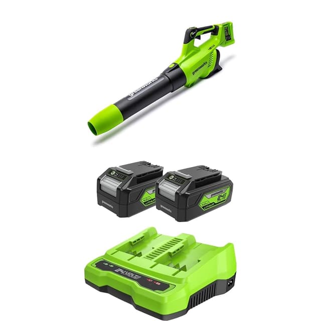 Greenworks 48V(2x24V) Axial Akku Laubbläser mit bürstenlosem Motor, Turbofunktion, 217 km/h, 16,4 m³/min, Plus Zwei 24V 4Ah Akkus & Ladegerät, 3 Jahre Garantie GD24X2ABK4X