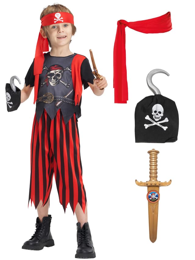 IKALI Pirat kostüm für Kinder Jungen, Schädel Gekreuzte Knochen Gestreiften Karibik Freibeuter Outfit, Captain Jack Spiel Spielen Anzug 3-10 Jahre
