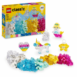 LEGO Classic Zauberbox mit durchsichtigen Steinen - Farbenfrohe Bausteine und Aufhängersteine - Einhorn, Drache, Pinguin und weitere Figuren - Bastelset für Mädchen & Jungen ab 5 Jahren 11040