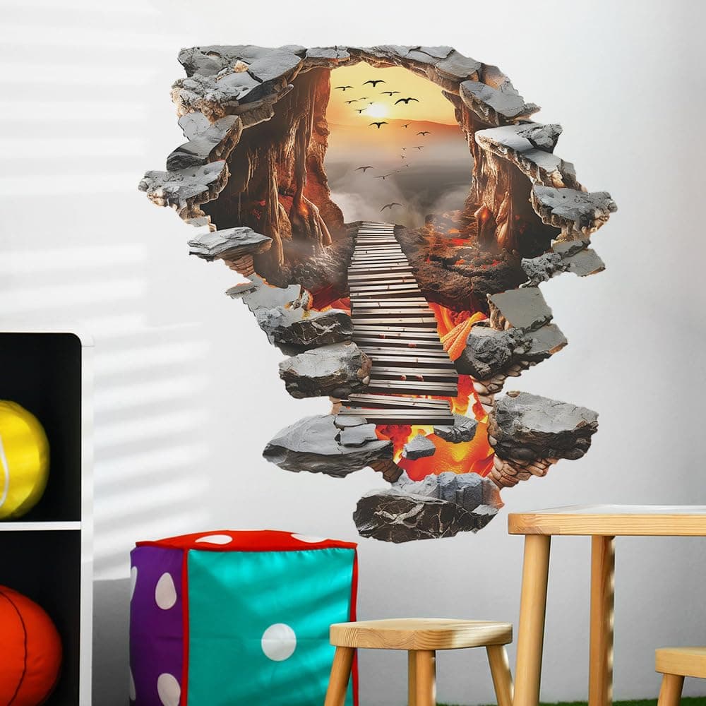 HGDESIGN® Wandtattoo Wandaufkleber Bodenaufkleber Hängendbrücke Vulkan Wandsticker Wanddeko für Wohnzimmer Schlafzimmer Flur Küche (A)