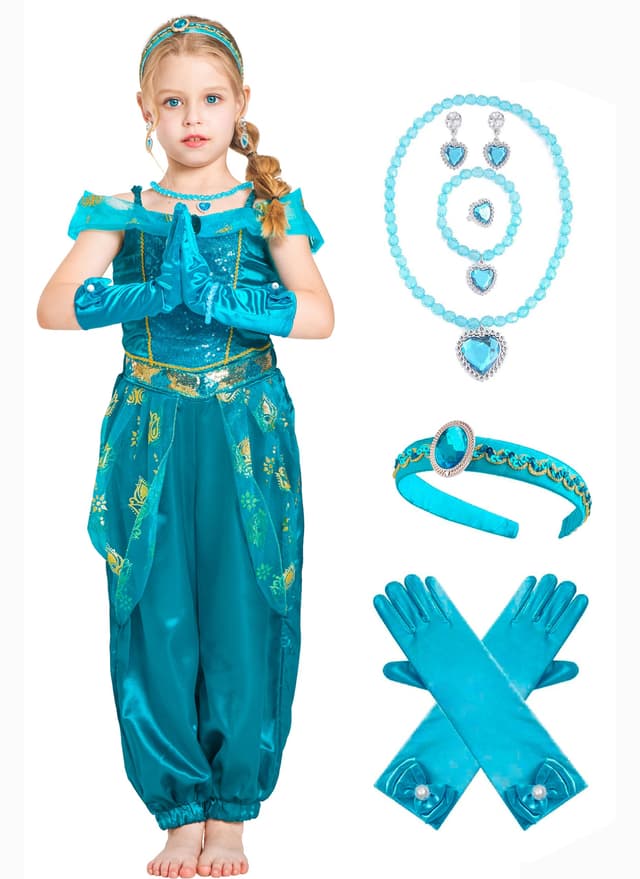 IKALI Kinder Jasmin Kostüm Mädchen Prinzessin Fancy Dress Outfit für Halloween Weihnachten Fasching Karneval Party mit Stirnband Handschuh Halskette 3-10 Jahre