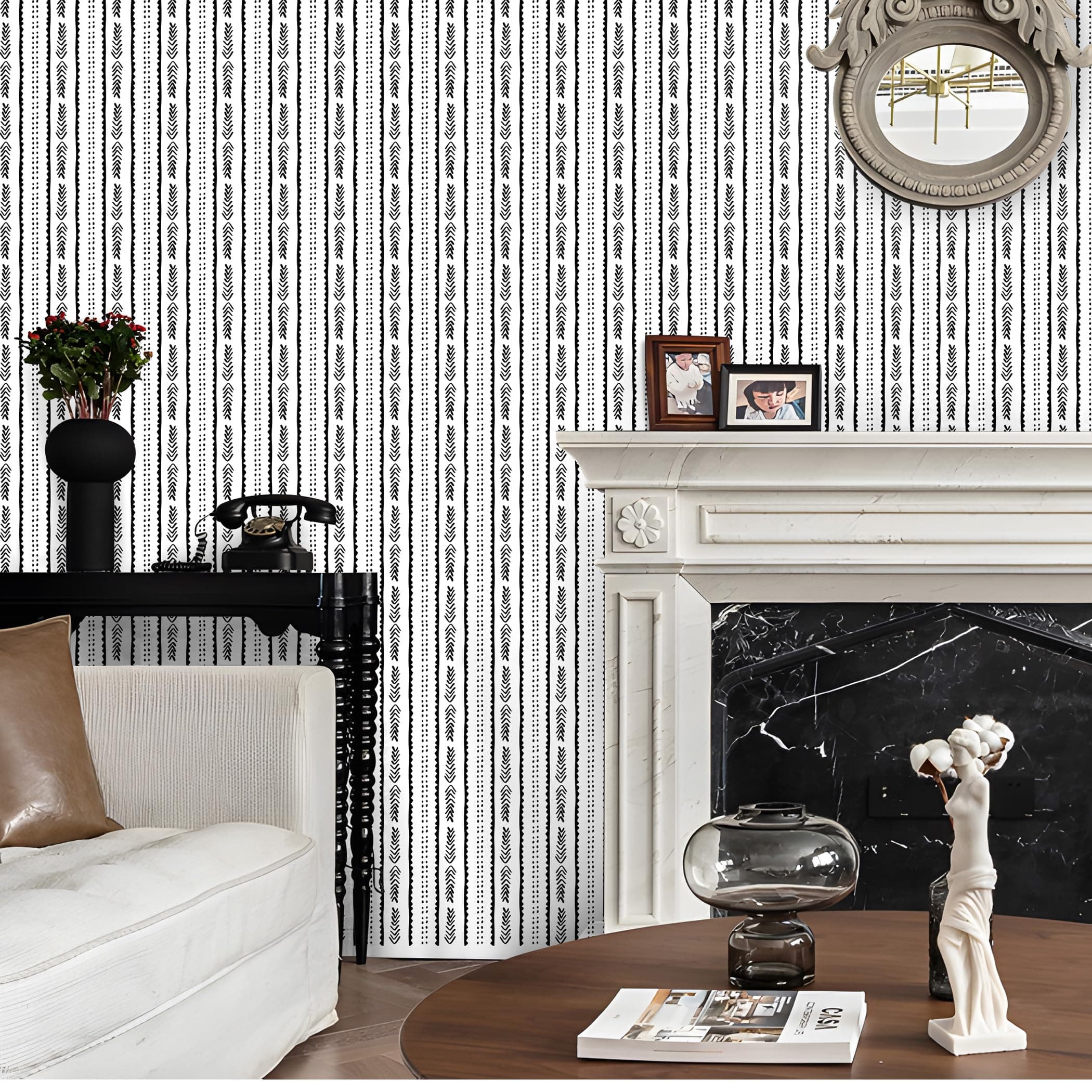 Geometrische Tapete Schwarz und Weiß,44 x 1000cm Tapete Streifen Streifentapete Tapete Schwarz Weiss Möbelfolie Selbstklebend Klebetapete Selbstklebend für Schlafzimmer,Wohnzimmer,Badezimmer,Küche 99023 0.4W x 10L m