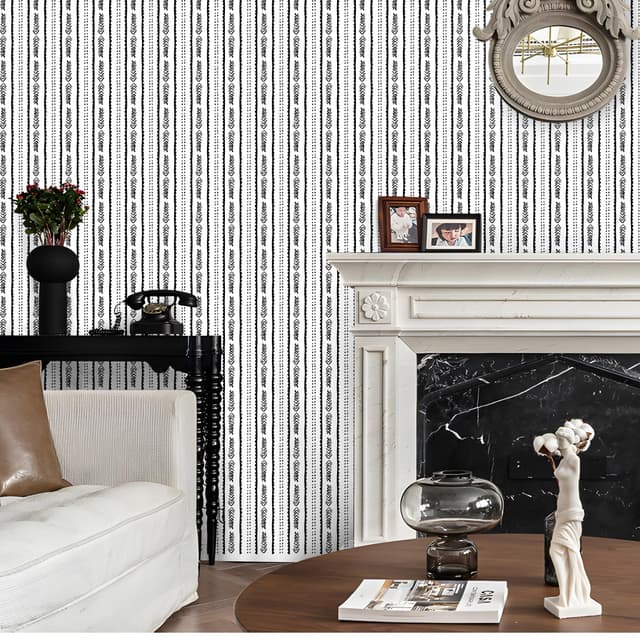 Geometrische Tapete Schwarz und Weiß,44 x 1000cm Tapete Streifen Streifentapete Tapete Schwarz Weiss Möbelfolie Selbstklebend Klebetapete Selbstklebend für Schlafzimmer,Wohnzimmer,Badezimmer,Küche 99023 0.4W x 10L m