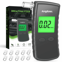 kungfuren Alkoholtester Polizeigenau Alkohol Tester Promillemessgerät: Promilletester Alkoholmessgerät mit 11 Mundstücke - Professioneller Alkoholtest mit Digitaler Blauer Großem LCD Display Grau