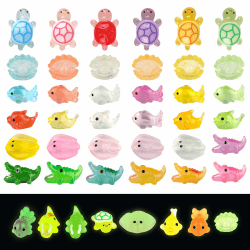 GHVACZS 60 Stück Leuchtende Mini Figuren, Mini Harz Tiere, Harz Figuren, Enthält Klein Turtles, Wale, Krokodile, Perlenmuscheln, Goldfische, Teufelsfische für Miniaturlandschaften Deko