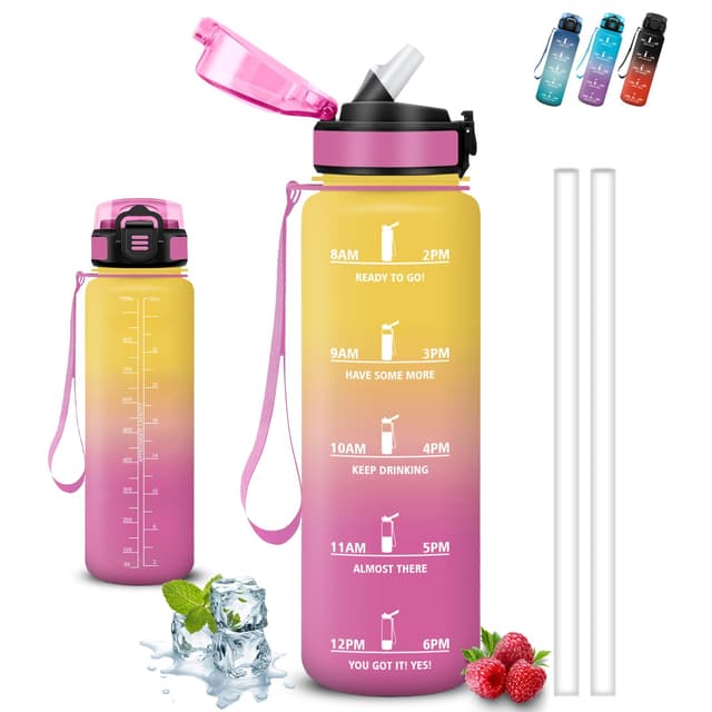 Trinkflasche 1l, Trinkflasche Sport, Trinkflasches mit Strohhalm, Leicht zu Reinigen, Trinkflasches Auslaufsicher, Kann mit dir Tragen, Trinkflasch mit Zeitmarkierung, Wasserflasche für Schule, Yoga 1000 ml Gelbes-pulver