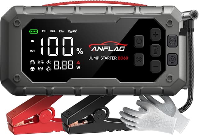 Starthilfe Powerbank für Pkw mit Kompressor 160PSI, ANFLAG 8000A 26800mAh Auto Starthilfe Powerbank für All Benzin und 14.0L Dieselmotor, Starter Powerbank mit PD65W Eingang/Ausgang und LED-Licht