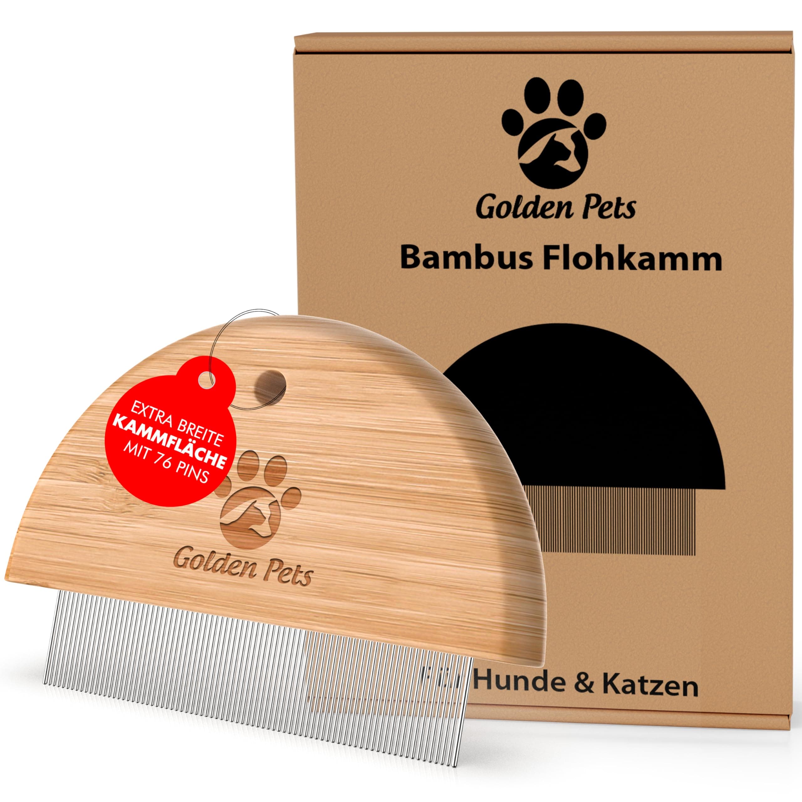 Golden Pets Bambus Flohkamm I Entfernt Flöhe bei Hunde & Katzen I Läusekamm, Staubkamm, Haustierkamm, Zeckenbürste, Nissenkamm + E-Book Pflegehandbuch Bambus 76 Pins