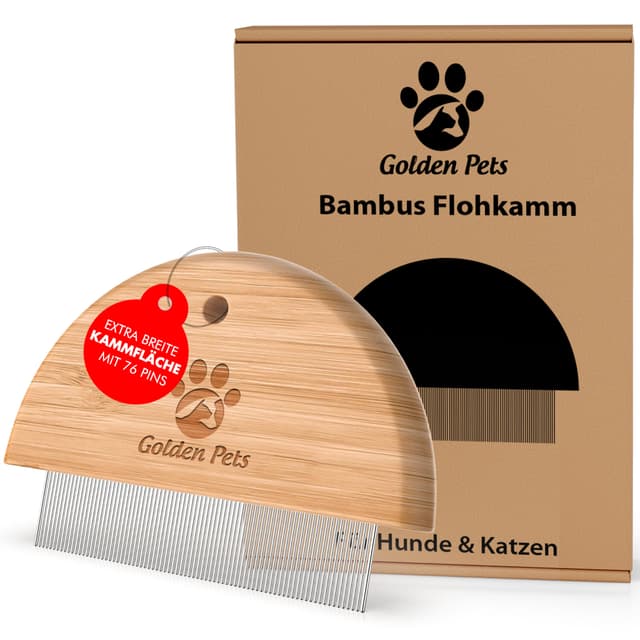 Golden Pets Bambus Flohkamm I Entfernt Flöhe bei Hunde & Katzen I Läusekamm, Staubkamm, Haustierkamm, Zeckenbürste, Nissenkamm + E-Book Pflegehandbuch Bambus 76 Pins