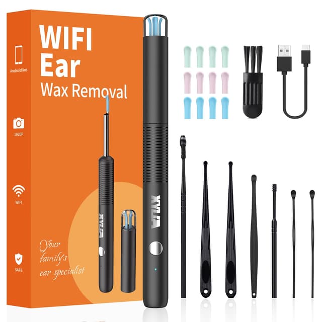 Xylla Ohrenschmalz Entferner Otoskop 1920P HD-Ear Wax Removal IP67 Wasserdicht WIFI Otoskop 360°Weitwinkel ohrreiniger mit 6 LEDs Tragbares Vergnügen der Ohrreinigungr (Schwarz) Black