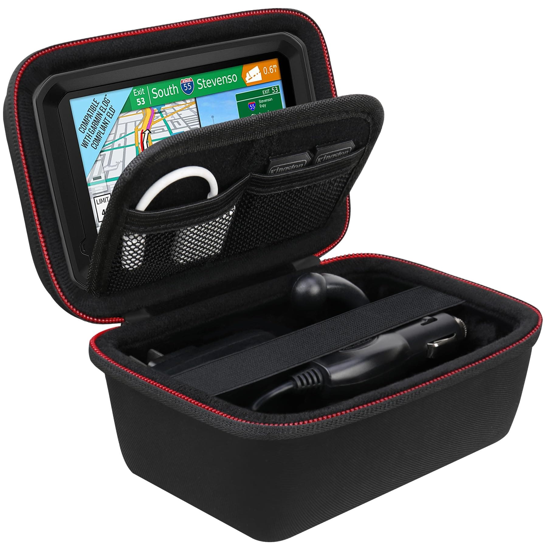 BOVKE GPS-Hülle für 5-5,5-Zoll-Garmin Drive™ 53 52 / DriveSmart 55 EX & Traffic/Dezl OTR500 Auto-GPS-Navigationsgerät, Netztasche passend für Fahrzeug-Saugnapfhalterung, USB-Kabel, Schwarz+Schwarz