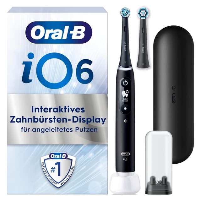 Oral-B iO Series 6 Elektrische Zahnbürste/Electric Toothbrush, 2 Aufsteckbürsten, 5 Putzmodi für Zahnpflege, Display & Reiseetui, Valentinstagsgeschenk für Ihn/Sie, Designed by Braun, black lava