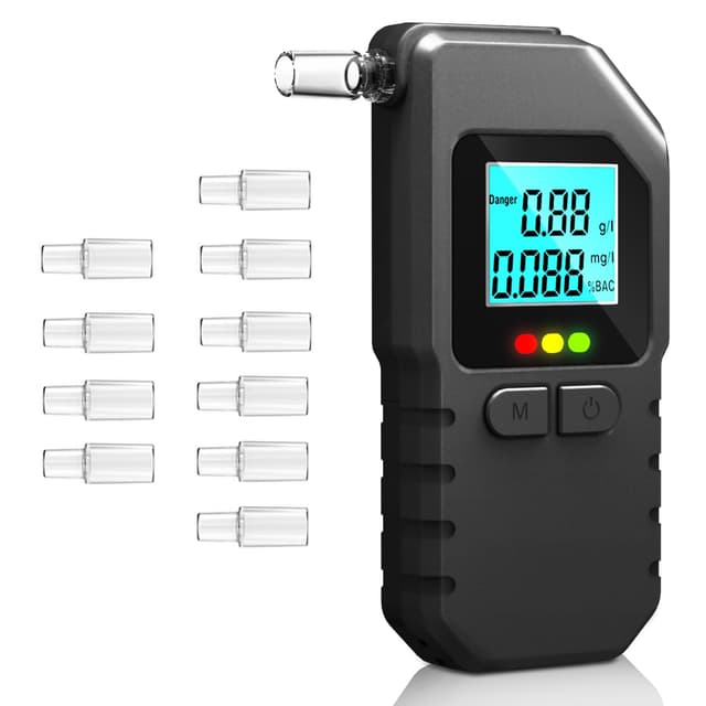 Alkoholtester mit Zwei Sensoren, Tragbarer Promillemessgerät mit Digitaler LCD-Anzeige, Professioneller Alkoholtester Polizeigenau für Den Persönlichen und Professionellen Gebrauc mit 10 Mundstücke One Size B