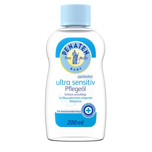 Penaten Ultra Sensitiv Pflegeöl schützendes Baby Massageöl & parfümfreies Babyöl für hochsensible, zu Neurodermitis neigende Haut