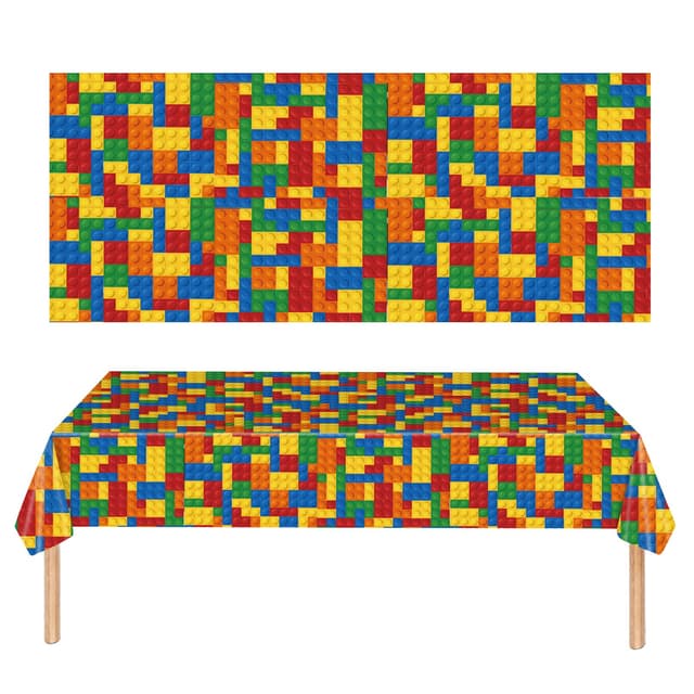 POPOYU Multicolor Bausteine Tischdecke Partyzubehör Geburtstagstischdecke, 137 x 274 cm Tischdecke Rechteckige Block Geburtstagstischdecke aus Kunststoff Mehrfarbige Spielzeugsteine Color-Tablecloth