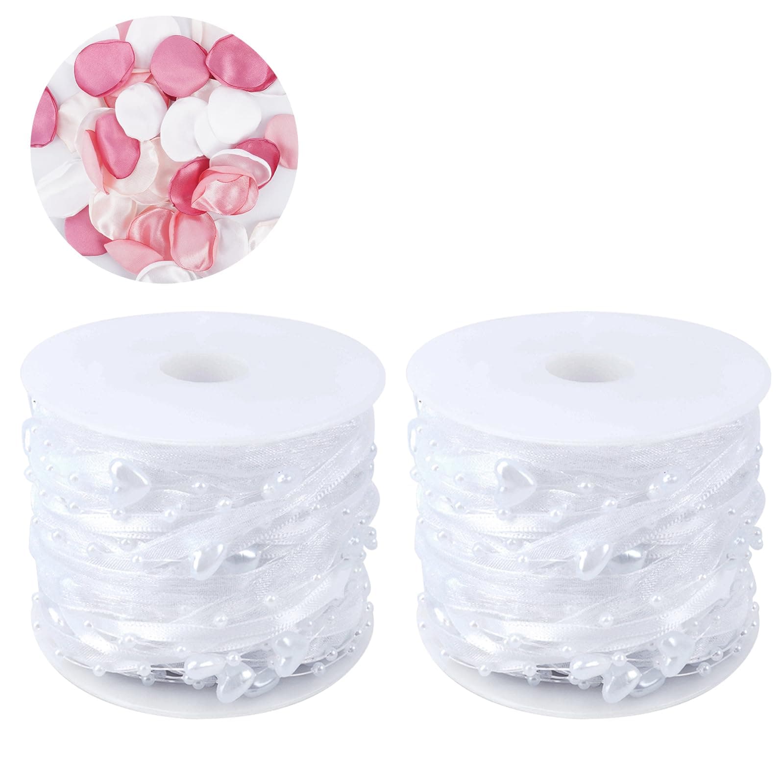 Zythrem 2 Stück 14M Weiß Perlenband Chiffon-Band Perlengirlande Geschenkband mit Perlen Brautstrauß Organzaband für Hochzeit DIY Dekoration+Rote Blütenblätter 2pc-Liebe