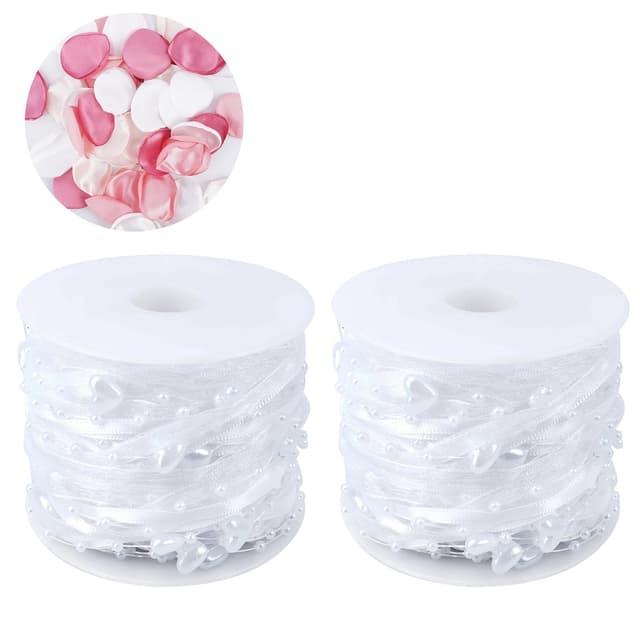 Zythrem 2 Stück 14M Weiß Perlenband Chiffon-Band Perlengirlande Geschenkband mit Perlen Brautstrauß Organzaband für Hochzeit DIY Dekoration+Rote Blütenblätter 2pc-Liebe