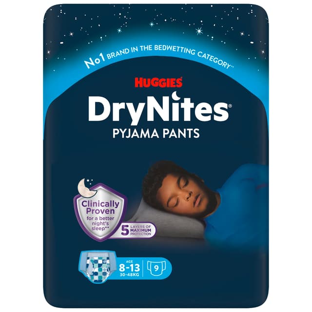 Huggies DryNites Nachtwindeln bei Bettnässen, für Jungen 8-13 Jahre (30-48 kg), 9 Stück 9 Stück (1er Pack) 9 Stück