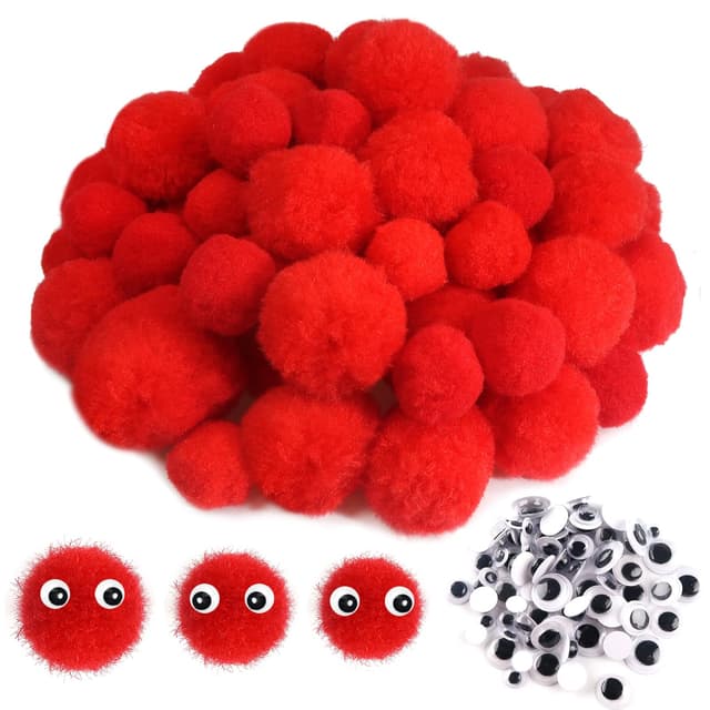 TOAOB 80 Stück Pompons Basteln Groß Rot Pompom 3 cm 4 cm 5 cm Flauschigen Plüsch set Bälle Kunst Bommel mit Selbstklebend Wackelaugen für Dekorieren Nähen DIY Lustige Kreativen Handwerk