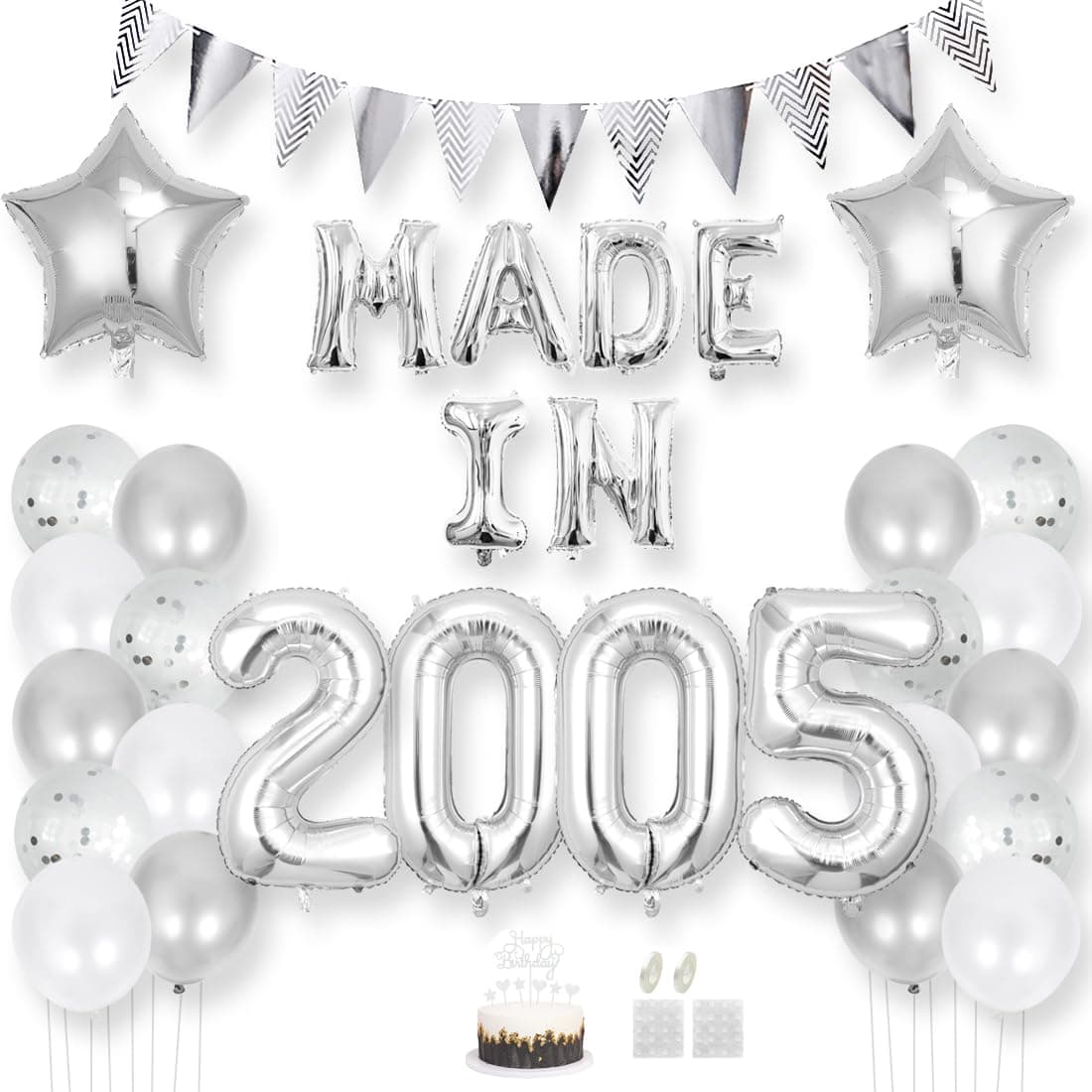 Daimay 20 Jahr Geburtstag Deko Frauen Mann MADE IN 2005 Luftballons Silber Geburtstagdeko Ballons Folienballons Luftballons Dreieckflagge Stern Mylar Foil Ballon Konfetti Luftballons Tortenaufsatz