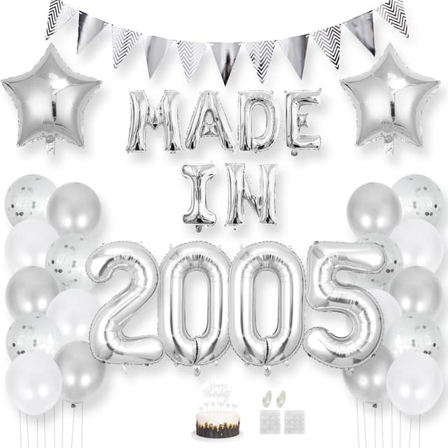 Daimay 20 Jahr Geburtstag Deko Frauen Mann MADE IN 2005 Luftballons Silber Geburtstagdeko Ballons Folienballons Luftballons Dreieckflagge Stern Mylar Foil Ballon Konfetti Luftballons Tortenaufsatz