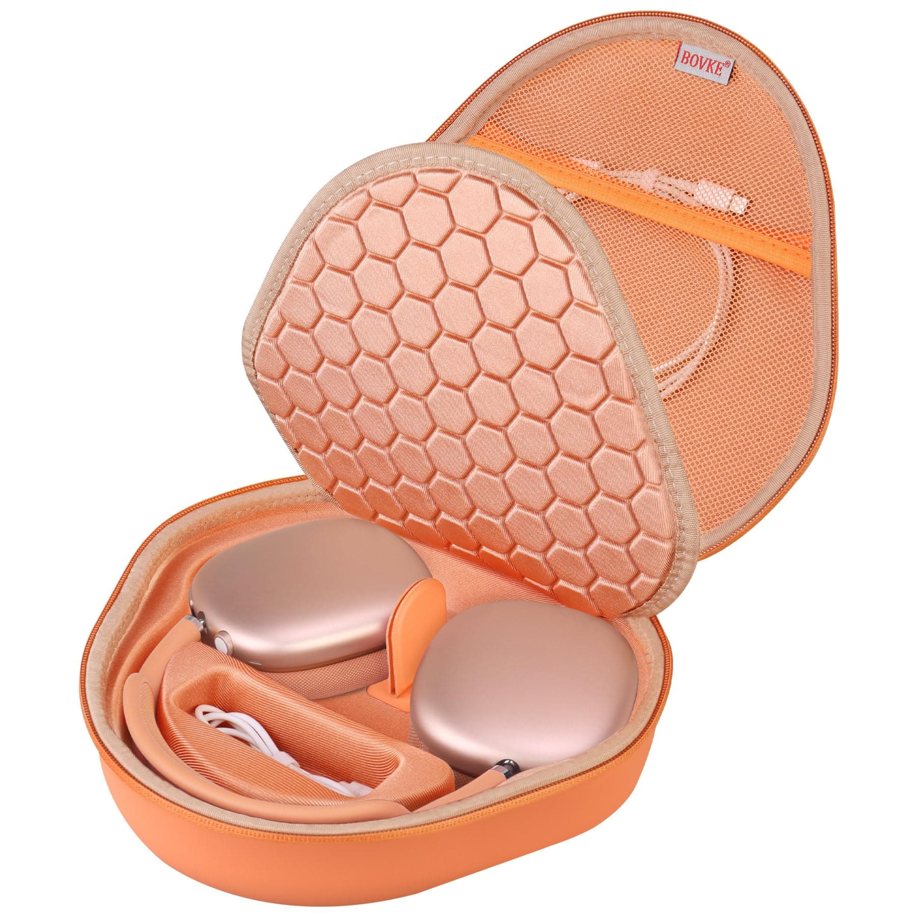 BOVKE Harte Tragetasche mit Schlafmodus für Apple AirPods Max Wireless Over-Ear Kopfhörer, AirPods Max schützende tragbare Aufbewahrungstasche mit Netztasche für USB-C Ladekabel Zubehör, Orange PU_Orange